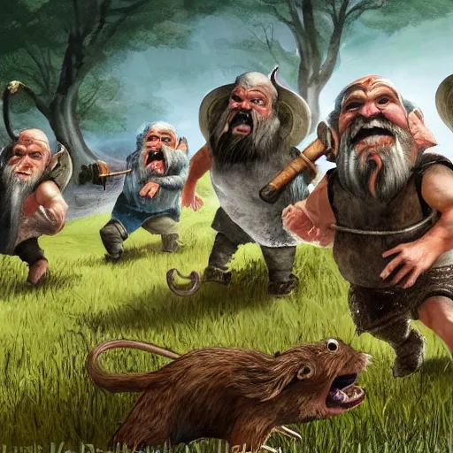 Image similar to a group of dwarves chase rats through an ancient field laughing