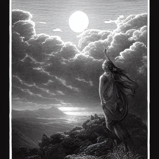 Image similar to A female wanderer looks from a mountaintop, mountains, gorgeous view, velly distant forest, distant city, distant glow, night, moon, dramatic light, Chiaroscuro, long shadows, dark, thunderclouds, masterpiece, high detail, detailed, illustration by Paul Gustave Doré