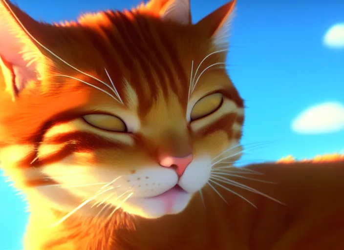 Image similar to a wholesome animation key shot of a ginger cat sleeping, close up, studio ghibli, pixar and disney animation, sharp, rendered in unreal engine 5, clear sky, anime key art by greg rutkowski, bloom, dramatic lighting