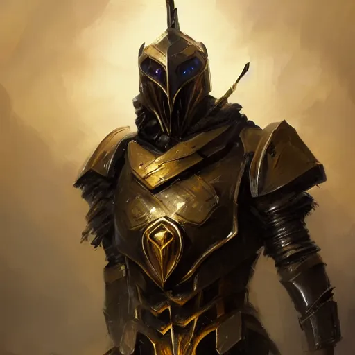 Image similar to anthropomorphic cyberwarrior stands tall wearing black and gold plate armor, oil painting, Tooth Wu, Greg Rutkowski, RPG, dynamic lighting, fantasy art, High contrast, depth of field, landscape, scenery