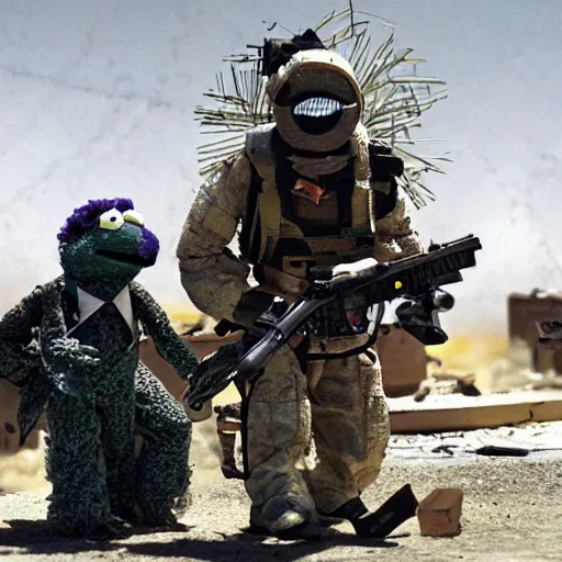 Image similar to muppet puppet gonzo special forces trying to diffuse an ied. action movie scene photograph.