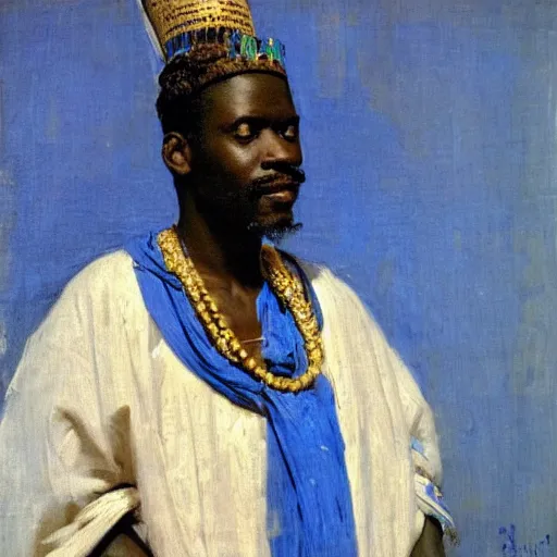 Image similar to royal portrait of king of dahomey outdoors dressed in airy blue and white benin toga and sandals, 1905, brightly coloured oil on canvas, by ilya repin