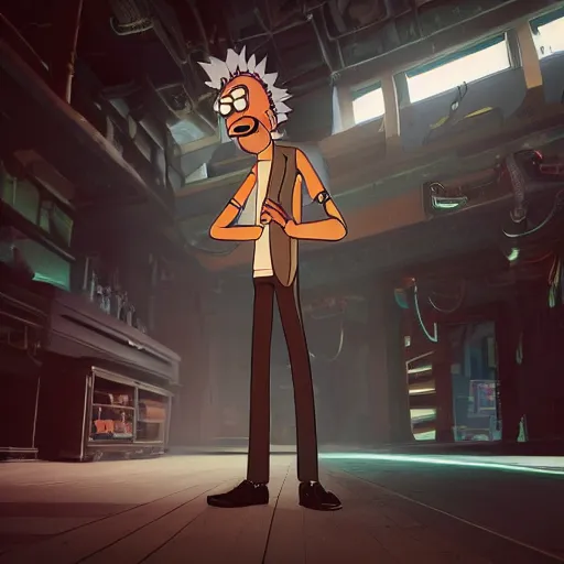 Image similar to full body pose, hyperrealistic photograph of rick sanchez from rick and morty, dim volumetric lighting, 8 k, octane beautifully detailed render, extremely hyper detailed, intricate, epic composition, cinematic lighting, masterpiece, trending on artstation, very very detailed, stunning, hdr, smooth, sharp focus, high resolution, award, winning photo, dslr, 5 0 mm