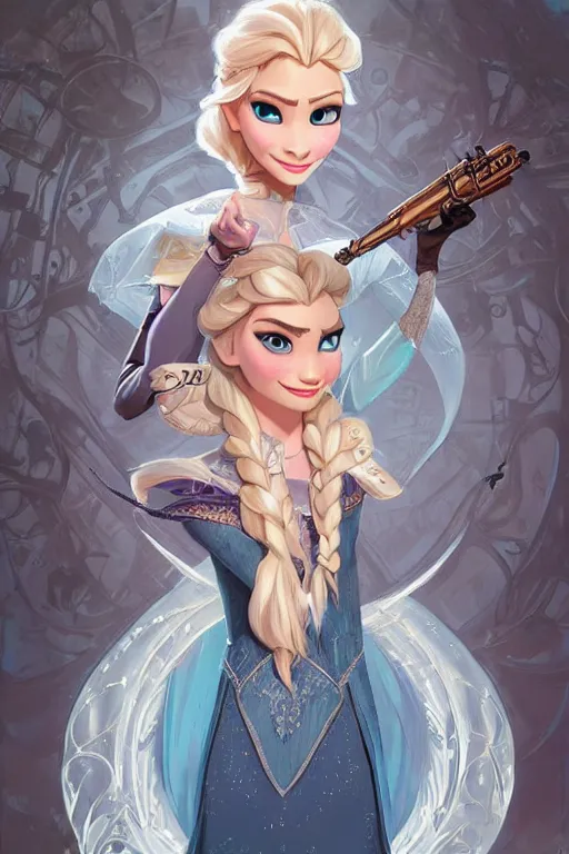 Image similar to elsa from frozen as steampunk half - cyborg, western gunslinger, high fantasy, dnd, smooth, sharp focus, illustration, highly detailed, digital painting, artstation, concept art, by disney animation, rossdraws, alphonse mucha, frank fanzzeta, collectible card art