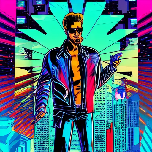 Prompt: electronic music super hero and super hero singer, miami vice vibes, palms, retrowave, comic book, cartoon, marvel, painted by Jim Steranko, 4k