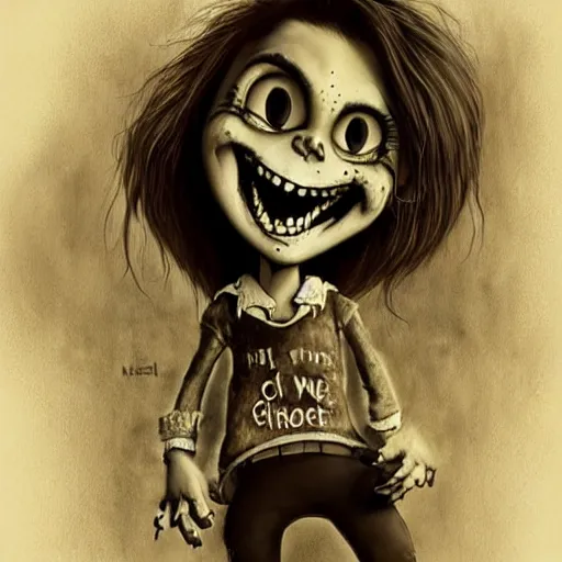 Prompt: grunge cartoon drawing of a cute chucky smiling by - michael karcz , in the style of corpse bride, loony toons style, horror themed, detailed, elegant, intricate