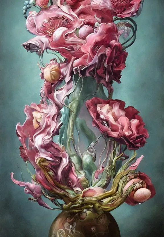 Image similar to a biomorphic painting of a vase with flowers and eyeballs in it, a surrealist painting by Marco Mazzoni, by Dorothea Tanning, pastel blues and pinks, featured on artstation, metaphysical painting, oil on canvas, fluid acrylic pour art, airbrush art, seapunk, rococo, lovecraftian