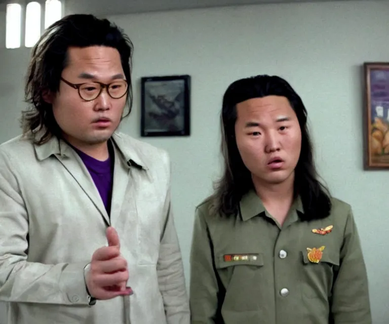 Image similar to hyperralism pineapple express movie still photography of real detailed north korean kim chen with detailed face smoking high detailed weed and reviewing weed bush in detailed basement bedroom ultra violet light