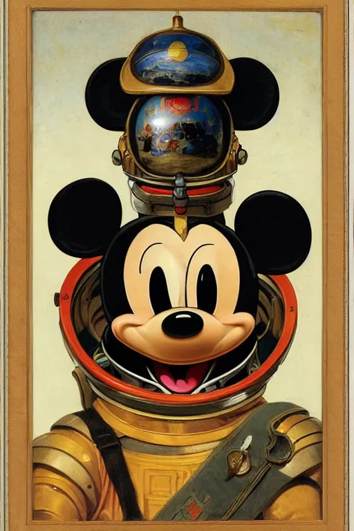 Prompt: portrait of a mickey mouse skull astronaut with chinese dragon armor and helmet, majestic, solemn, by bouguereau