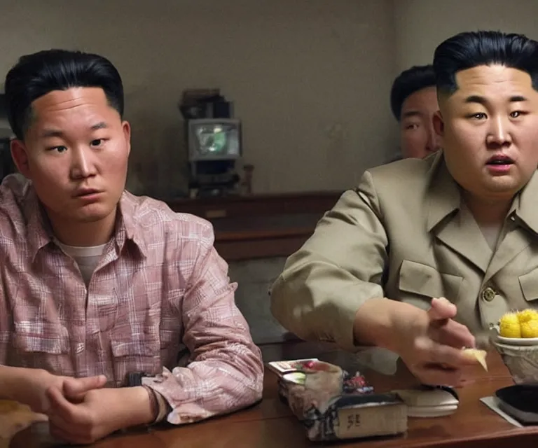 Image similar to hyperralism pineapple express movie still photography of real detailed north korean kim chen with detailed face smoking high detailed weed and reviewing weed bush in detailed basement bedroom ultra violet light