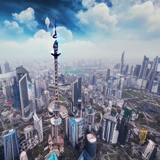 Image similar to dragons flying upon shanghai lujiazui, cityscape, cloud day, artstation, makato shinkai, 8 k