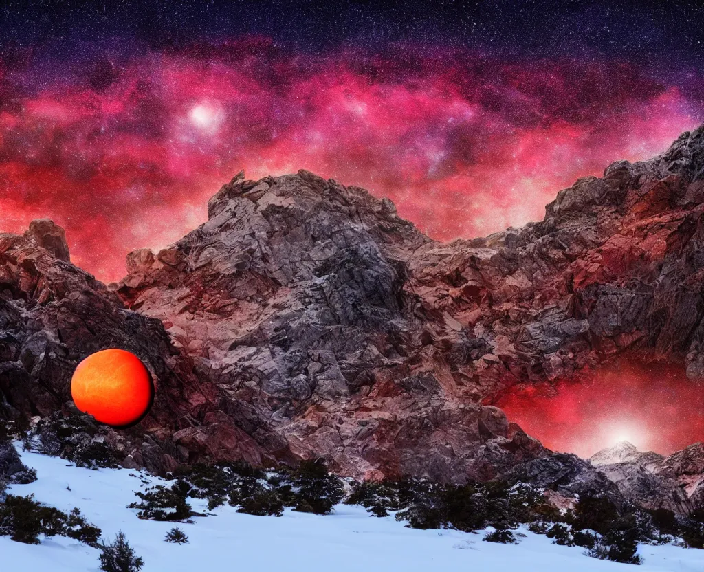 Prompt: A rocky valley surrounded by snow-capped mountains, nighttime, orange gas giant, red nebula, no clouds, sci-fi, photorealistic, landscape, a few trees