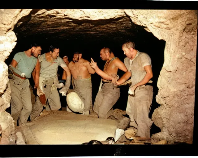 Prompt: vintage 3 5 mm color photo of a team of archaeologists opening up a sarcophagus in an egyptian tomb