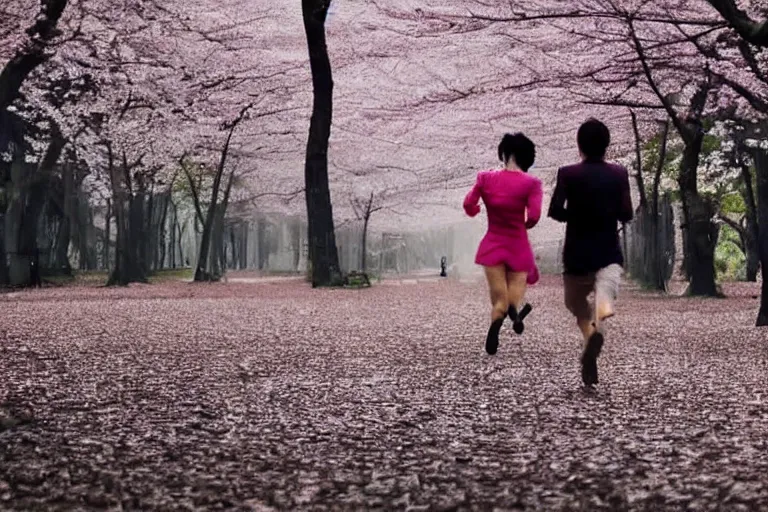 Image similar to vfx movie scene closeup japanese couple running through cherry blossom forest, natural lighting by emmanuel lubezki