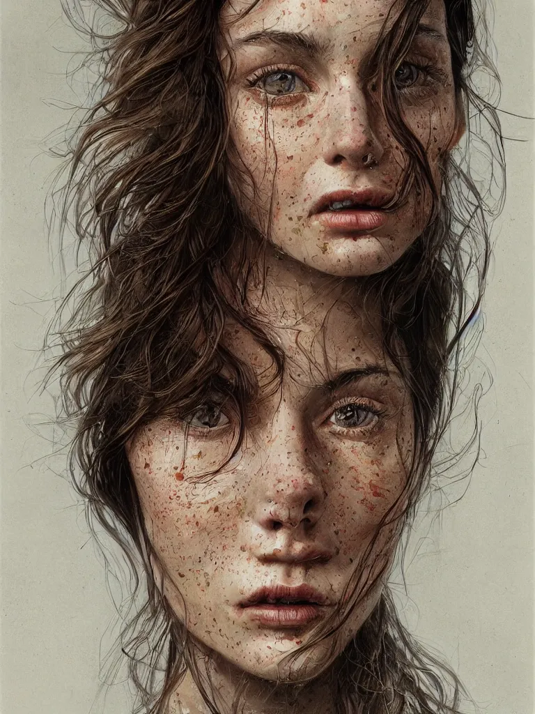 Prompt: A vertical portrait of a young woman with dark brown hair, hyper-detailed face, hyperrealism, natural colors, illustrated by Daniel Orive, Sam Spratt