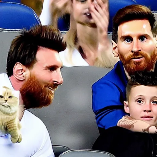 Prompt: Leo Messi is looking at a cute ragdoll cat
