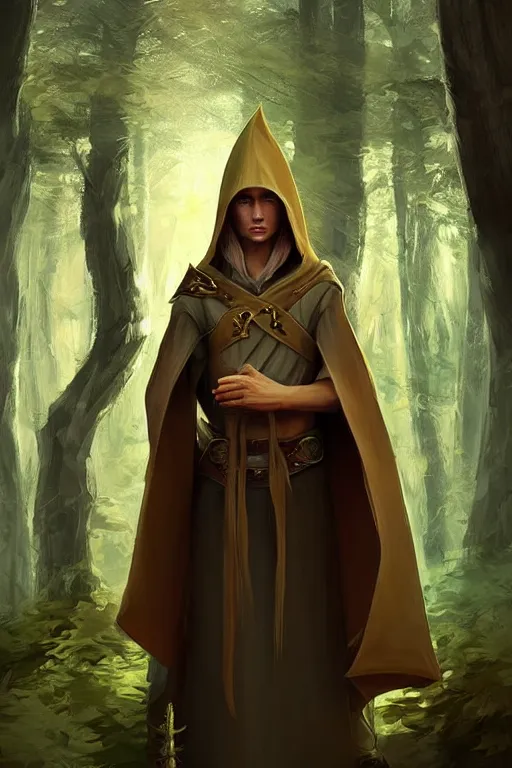 Image similar to beautiful, digital art, portrait painting of a male elf wizard, wearing linen hooded cloth. forest background. artstation, by bartek fedyczak, erak note, tooth wu, neil richards, kan liu, siwoo kim, jisu choe