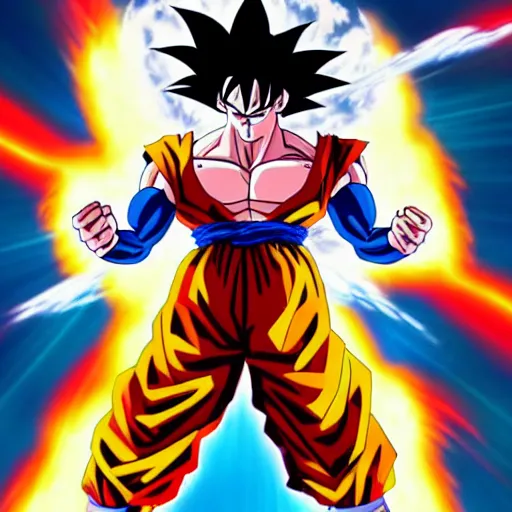 Image similar to a surreal photo of goku powering up beyond the earth atmosphere