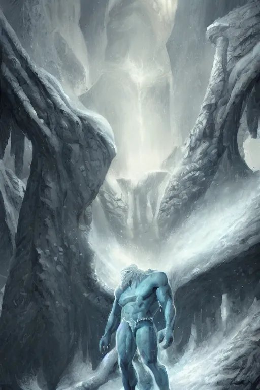 Image similar to north mythology concept art painting of ice gigant ymir the ancestor of all giants by james gurney, trending on artstation, detailed