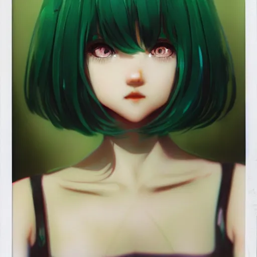 Prompt: beautiful young girl, curly green hair, polaroid, Ilya Kuvshinov, Range Murata