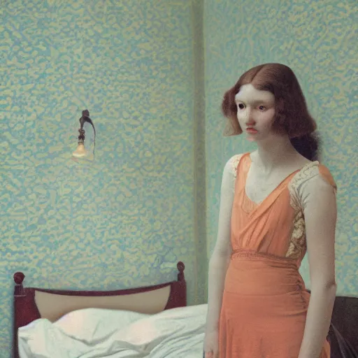 Image similar to a lonely girl in a liminal hotel room, art nouveau wallpaper, film still by wes anderson, depicted by balthus, limited color palette, very intricate, art nouveau, highly detailed, lights by hopper, soft pastel colors, minimalist