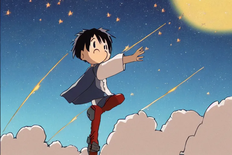 Prompt: a shooting star alone in the sky of an unknown universe in the style of hayao miyazaki