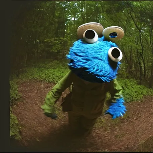 Image similar to Cookie monster caught on trail cam, trail camera footage, wide angle lens, night vision