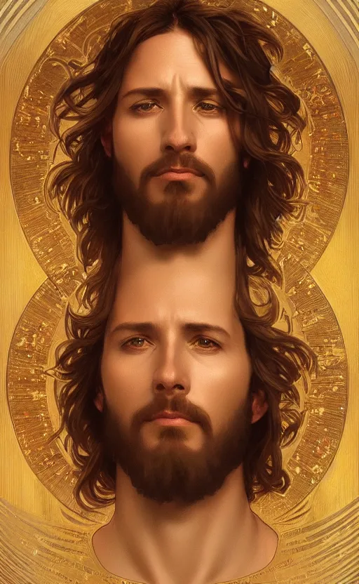 Image similar to Portrait of Jesus with a divine halo, intricate, headshot, highly detailed, digital painting, artstation, concept art, sharp focus, cinematic lighting, illustration, art by artgerm and greg rutkowski, alphonse mucha, cgsociety