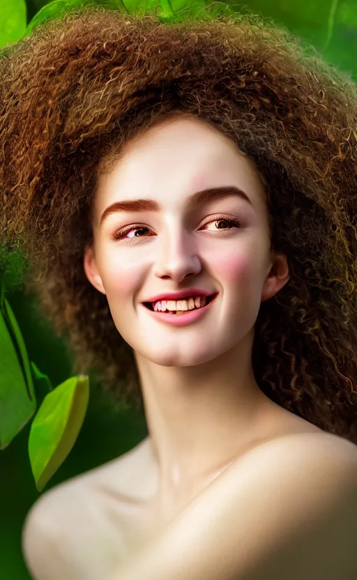 Prompt: 8 k uhd poser render of the face of a young woman with marble complexion, angelic features, her face framed with curls, her head raised in rapture, laughing, portrait photography, symmetrical eyes, by john singer sargent, background lush vegetation, insects and birds, dof narrow, 1 0 5 mm lens