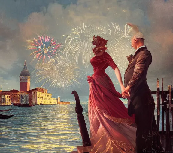 Image similar to photography of a 1 8 th couple in venice with fireworks, deep focus, intricate, elegant, highly detailed, digital painting, artstation, concept art, matte, sharp focus, illustration, art by artgerm and greg rutkowski and alphonse mucha and gil elvgren