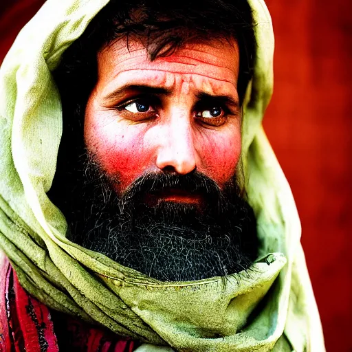 Image similar to portrait of matt christman as afghan man, green eyes and red scarf looking intently, photograph by steve mccurry