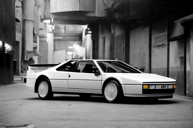 Image similar to a Giorgetto Giugiaro designed, single 1988 Audi Quattro, BMW M1 Lincoln Continental, parked in a Tokyo alley, volumetric lighting, f8 aperture, cinematic Eastman 5384 film