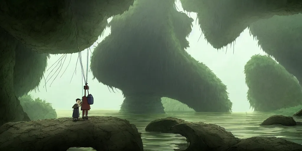 Prompt: a cell - shaded cartoon movie still from howl's moving castle ( 2 0 0 4 ) of a giant mechanical golem lifting a huge stone in a flooded rainforest valley. shafts of sunlight come from above. a ufo is in the sky. wide shot, very dull muted colors, hd, 4 k, hq