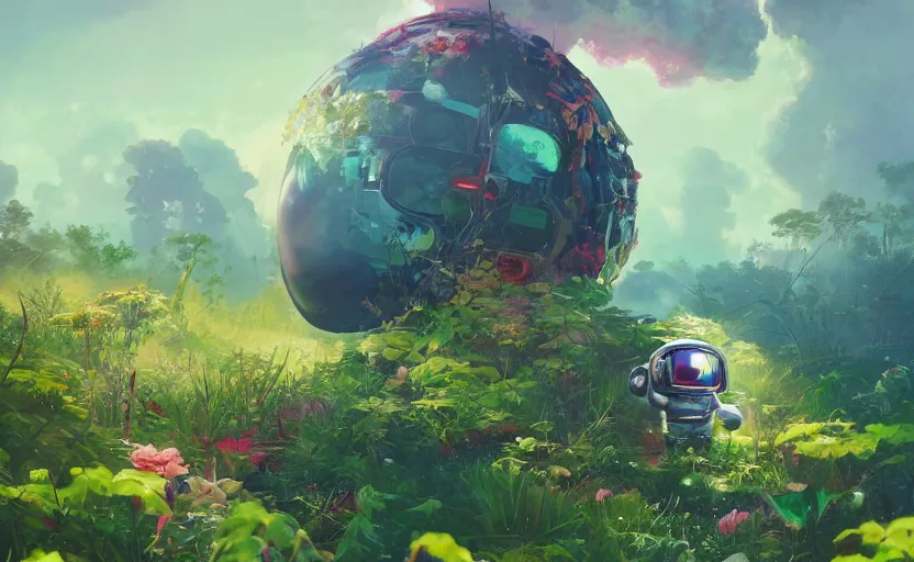 Prompt: a beautiful painting of a cute adorable kawaii futuristic vr plastic android astronaut sitting on a lush planet of foliage, the destroyed wreckage of a crashed spaceship, steam, thick colorful smoke, ross tran, ron walotsky, greg rutkowski, trending on artstation