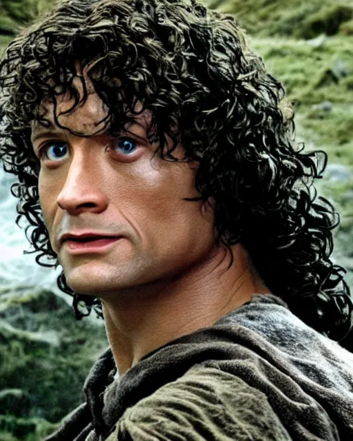 Image similar to film still close up shot of dwayne johnson as frodo baggins in the movie the lord of the rings. photographic, photography