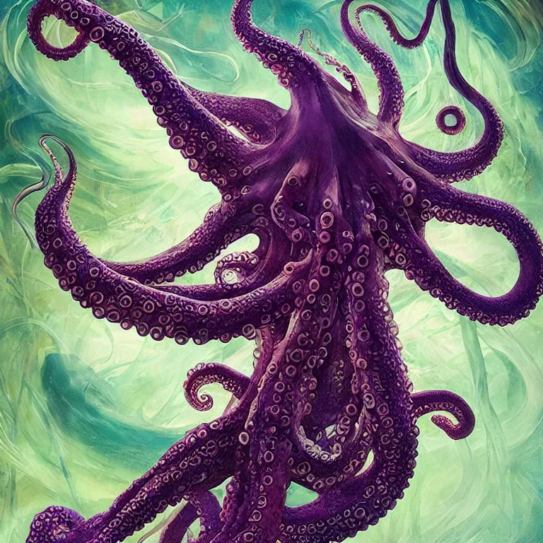 Image similar to depicting an octopus, in the style of h. p. lovecraft, exuberant organic elegant forms, by karol bak and filip hodas : : 1. 4 purple, red, blue, green, black intricate mandala explosions : : intuit art : : turbulent water backdrop : : damask wallpaper : : atmospheric