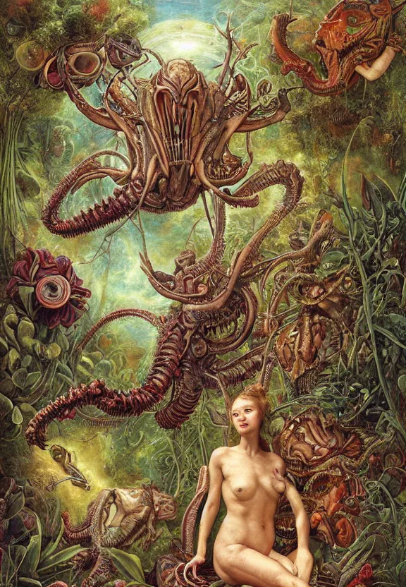 Image similar to simplicity, elegant, muscular animals, human babies, botany, orchids, radiating, colorful mandala, psychedelic, overgrown garden environment, by h. r. giger and esao andrews and maria sibylla merian eugene delacroix, gustave dore, thomas moran, pop art, biomechanical xenomorph, street art, saturated