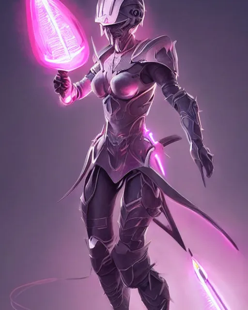 Image similar to concept art of a futuristic warrior, with large flower like spikes on her back, large pink glowing lights on her helmet, very sleek design, full body | | epic - fine - fine details by stanley artgerm lau, wlop, rossdraws, and sakimichan, trending on artstation, brush strokes