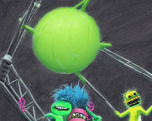 Image similar to tennis ball monsters, theme park, roller coaster, digital art, fantasy, magic, chalk, chalked, trending on artstation, ultra detailed, detailed, fine details, professional illustration by basil gogos