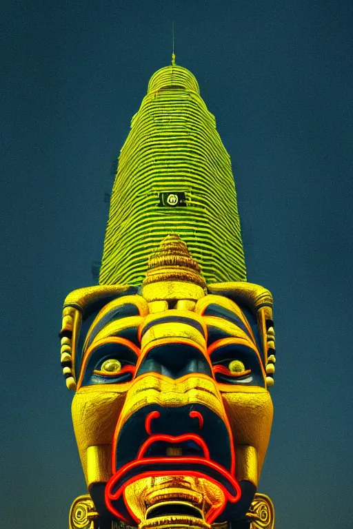 Image similar to high quality photo hyperrealistic cyberpunk hanuman head building, neon yellow madhubani, highly detailed, in sci - fi mumbai, cinematic smooth, lee madgwick & liam wong, moody light, low angle, uhd 8 k, sharp focus