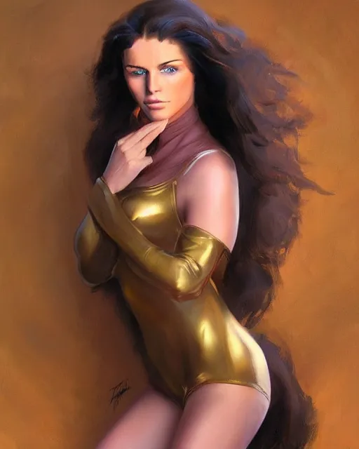 Prompt: a stunning portrait of a beautiful woman. she had really really long brown hair and blue eyes. she's wearing a golden full body catsuit. digital art by frank frazetta and julie bell, medium shot portrait, highly detailed, trending on artstationhq