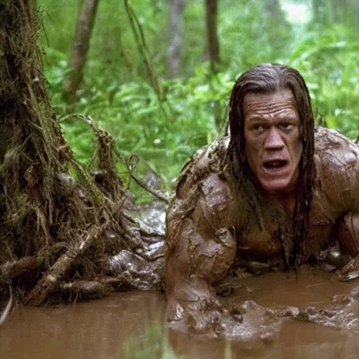 Image similar to film still of john cena as major dutch, covered in mud, hiding from the predator in swamp scene in 1 9 8 7 movie predator, hd, 8 k