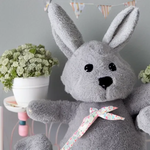 Image similar to flopsy the grey stuffed bunny comes to life in a 9 year old girls bedroom, photo realistic, fluffy, cute, adorable, no pink, gold wall, bunting