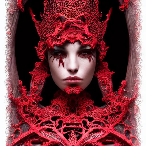 Image similar to a female harkonen model by stefan geselle and nekro borja, photorealistic, biomechanical, red lace, intricate details, hyper realistic, ornate headpiece, photorealistic, canon r 3, photography, wide shot, photography, dark beauty, symmetrical features