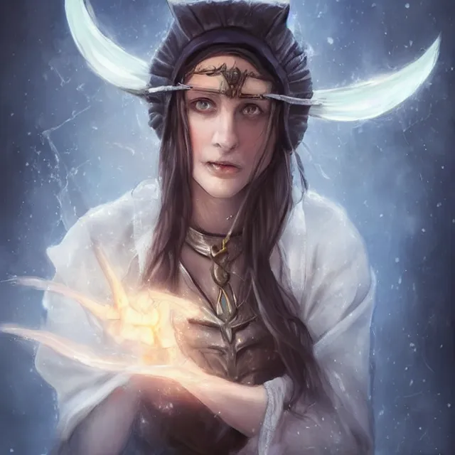 Image similar to Female Cleric with kerchief covering her ears, casting a glowing spell. Blue eyes, black hair, porcelain skin, full lips, high slanted cheekbones. Fantasy art, detailed, dramatic lighting, illustration, award winning on Artstation, D&D, Dungeons and Dragons, roleplaying, magic, magick, spells, mystical.