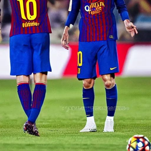 Prompt: Cristiano Ronaldo and Lionel Messi playing together in FC Barcelona. Realistic.