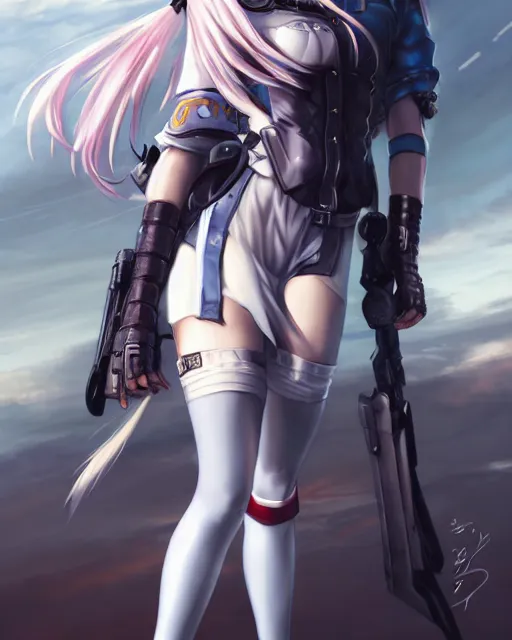 Image similar to The successful warrior is the average man, with laser-like focus, artwork by artgerm, anime, cyberpunk streets in Japan, elegant, seductive, long white hair, knee high socks, extra short blue plaid skirt, white blouse, army boots, full shot, wide-shot, long-shot, fantasy, mystical, magical