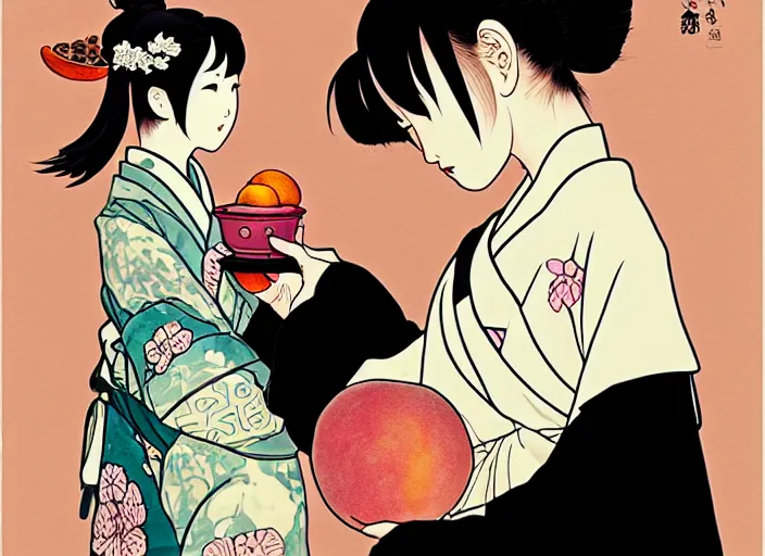 Image similar to ink painting of a girl wearing a kimono giving a peach to a large anthropomorphic asian black bear, featured in artstation, artgerm, octane render, award winning, cinematic, elegant, intricate, 8 k, close up, in the style of studio ghibli and heikala and alphonse mucha,