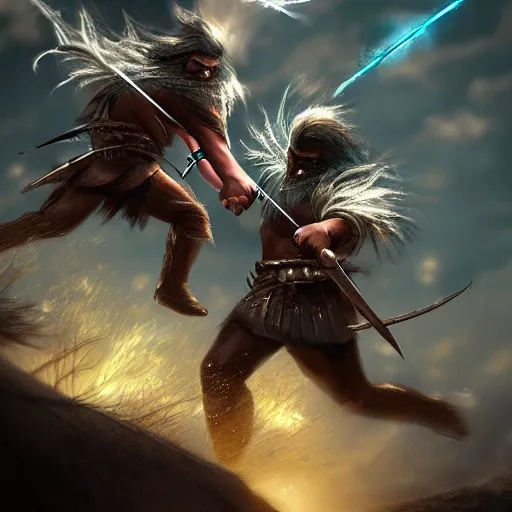 Image similar to ! dream digital art, trending on artstation, two warriors fighting at world's end