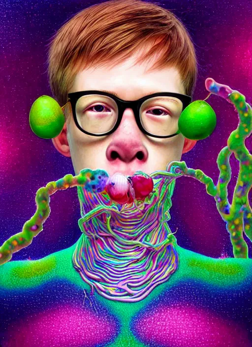 Prompt: hyper detailed 3d render like a Oil painting - kawaii portrait of Hank Green in Aurora (Singer) seen Eating of the Strangling network of yellowcake aerochrome and milky Fruit and Her delicate Hands hold of gossamer polyp blossoms bring iridescent fungal flowers whose spores black the foolish stars by Jacek Yerka, Mariusz Lewandowski, Houdini algorithmic generative render, Abstract brush strokes, Masterpiece, Edward Hopper and James Gilleard, Zdzislaw Beksinski, Wolfgang Lettl, hints of Yayoi Kasuma, octane render, 8k